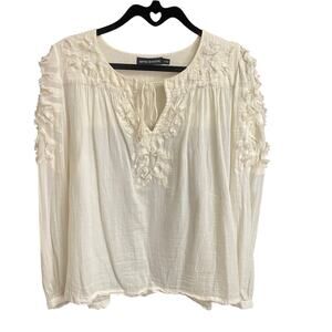 Antik Batik Tie Neck Embroidered Sabba Blouse Cream Gold Womens Large AS IS